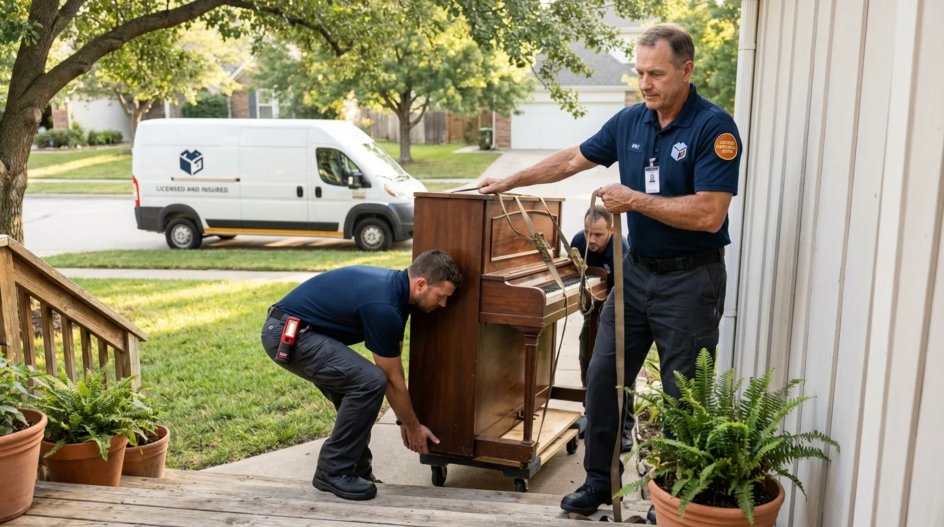 Licensed piano movers securing grand piano in San Juan Capistrano, CA