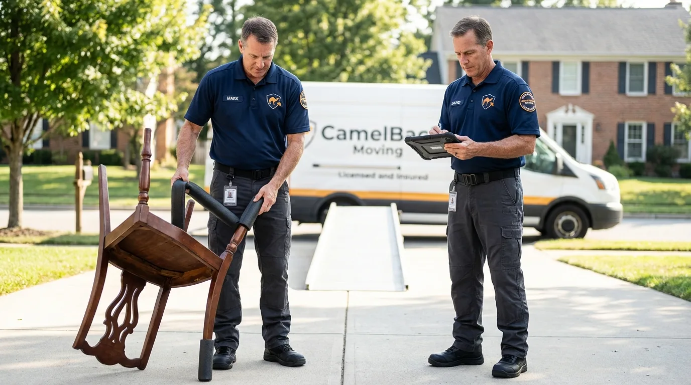 Movers inspecting furniture for damage prevention before loading in San Juan Capistrano, CA