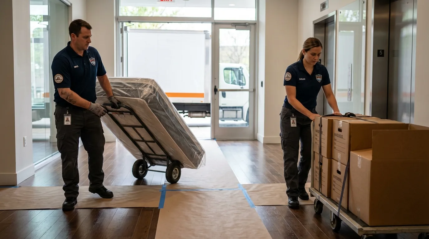 Professional apartment movers loading elevator in San Juan Capistrano, CA